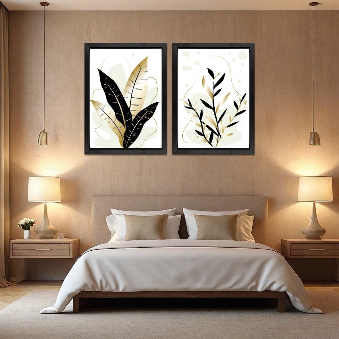 Set of 2 Black Gold Leaf Framed Canvas Wall Art