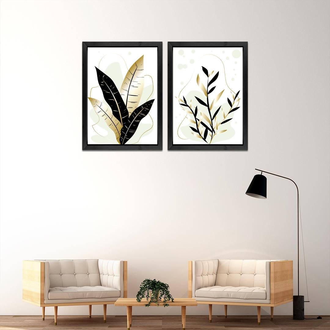 Set of 2 Black Gold Leaf Framed Canvas Wall Art