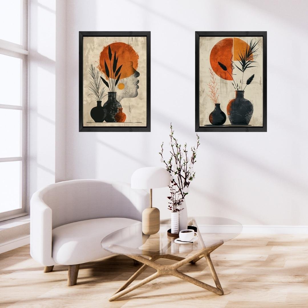 Modern Abstract Botanical Wooden Wall Art Frame – Set of 2